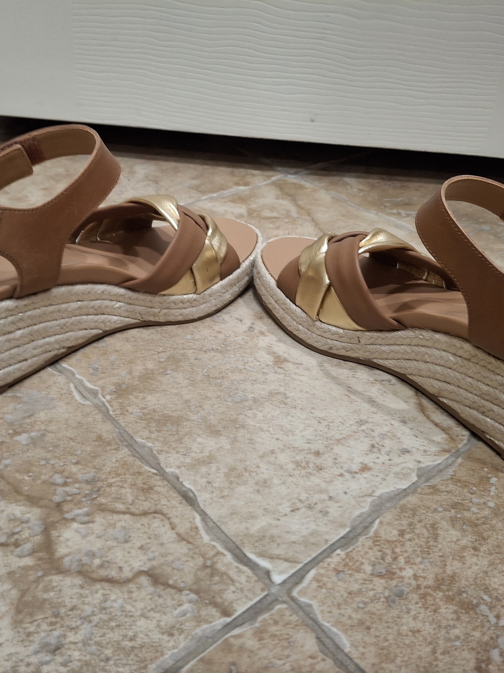 Vionic Tan and Gold Braided Espadrille Wedge Sandals - Picture 3 of 9
